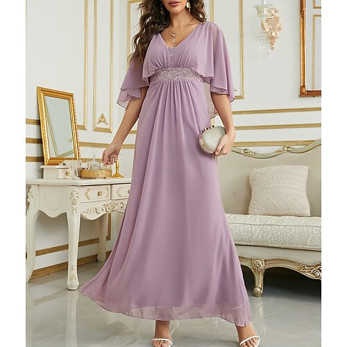 A-linje Bryllupsgæstekjoler Elegant Kjole Festtøj Ankellængde Kortærmet V-hals Chiffon med Bjergkrystal 2023
A-linje Bryllupsgæstekjoler Elegant Kjole Festtøj Ankellængde Kortærmet V-hals Chiffon med Bjergkrystal 2023