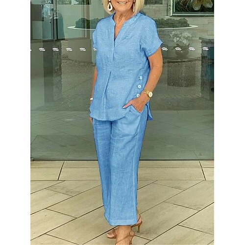 Per donna loungewear Completi Colore puro Di tendenza Semplice Informale Strada Giornaliero Appuntamento Cotone e lino Traspirante Spacco a V Manica corta maglietta Pantalone Pulsante Tasche Estate
Per donna loungewear Completi Colore puro Di tendenza Semplice Informale Strada Giornaliero Appuntamento Cotone e lino Traspirante Spacco a V Manica corta maglietta Pantalone Pulsante Tasche Estate