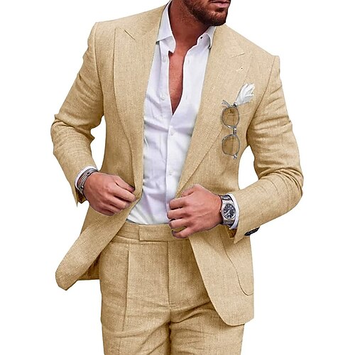 

Men's Wedding Linen Suits 2 Piece Lake Blue Pea Green Champagne Solid Colored Summer Suits Tailored Fit No Buttons 2023