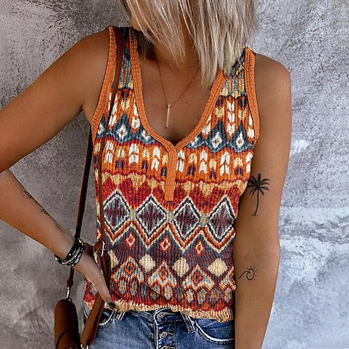 Mujer Camiseta sin mangas Rojo Azul Piscina Naranja Geométrico Estampado Sin Mangas Casual Étnico Escote en Pico Regular Geométrico adj. S
Mujer Camiseta sin mangas Rojo Azul Piscina Naranja Geométrico Estampado Sin Mangas Casual Étnico Escote en Pico Regular Geométrico adj. S