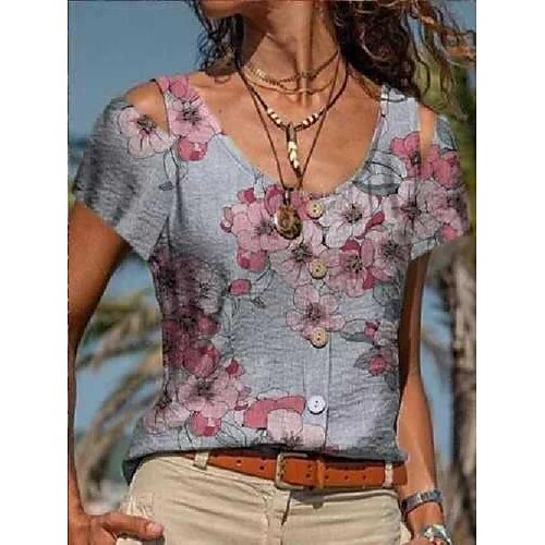 Mulheres Camiseta Blusa Rosa Azul Verde Floral Botão Com Corte Manga Curta Casual Feriado Básico Decote V Padrão Tema Flores S
Mulheres Camiseta Blusa Rosa Azul Verde Floral Botão Com Corte Manga Curta Casual Feriado Básico Decote V Padrão Tema Flores S