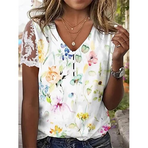 Mujer Camiseta Blanco Rojo Azul Piscina Floral Encaje Botón Manga Corta Casual Festivos Básico Escote en Pico Regular Flor S
Mujer Camiseta Blanco Rojo Azul Piscina Floral Encaje Botón Manga Corta Casual Festivos Básico Escote en Pico Regular Flor S