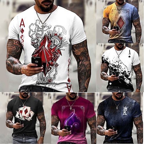 

Men's T Shirt Patterned Poker Round Neck Short Sleeve Gray Purple Yellow Party Daily Print Tops Casual Graphic Tees