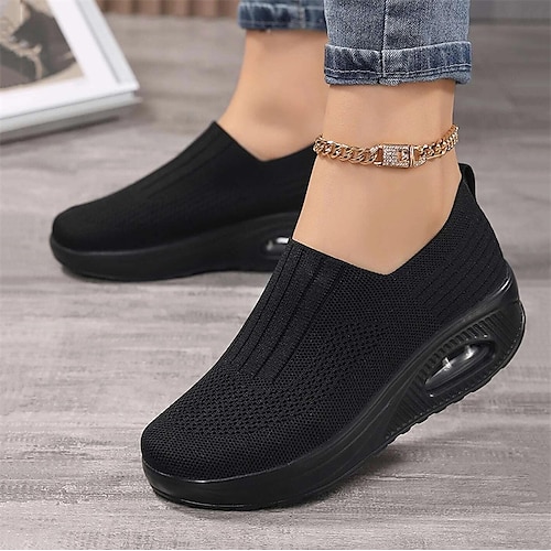 

Women's Slip-Ons Plus Size Flyknit Shoes Platform Sneakers Outdoor Daily Flat Heel Round Toe Sporty Casual Walking Shoes Tissage Volant Loafer Solid Color Black Pink Red