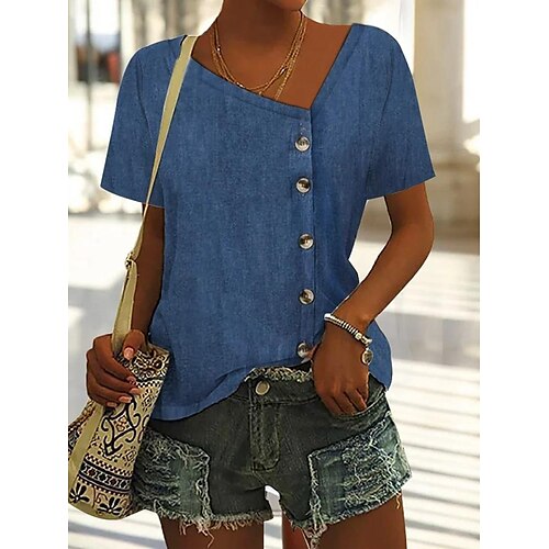 Mulheres Camisa Social Blusa Azul Tecido Botão Manga Curta Casual Básico Decote V Padrão S
Mulheres Camisa Social Blusa Azul Tecido Botão Manga Curta Casual Básico Decote V Padrão S