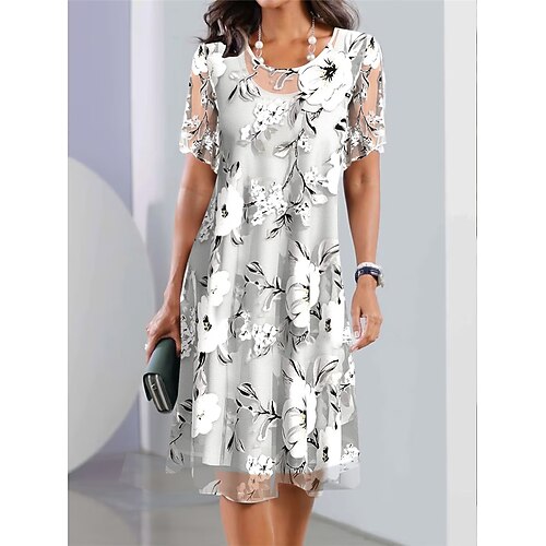 

Women's Chiffon Chiffon Dress Floral Mesh Print Crew Neck Midi Dress Daily Vacation Short Sleeve Summer Spring