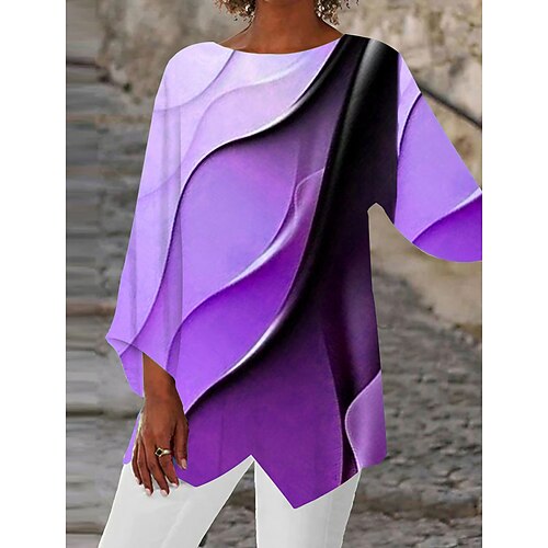 

Women's Shirt Blouse Graphic Abstract Casual Pink Purple Orange Print Asymmetric Hem Long Sleeve Basic Neon & Bright Round Neck Regular Fit Spring Fall