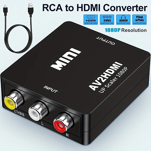 

RCA To HDMI,AV To HDMI Converter1080P Mini RCA Composite CVBS Video Audio Converter Adapter Supporting PAL/NTSC For TV/PC/ PS3/ STB/Xbox VHS/VCR/Blue-Ray DVD Players