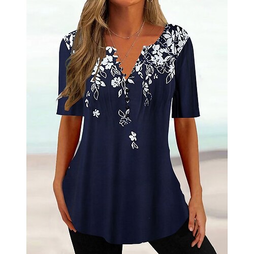 

Women's T shirt Tee Black White Navy Blue Floral Button Print Short Sleeve Holiday Weekend Tunic Basic Round Neck Floral Painting