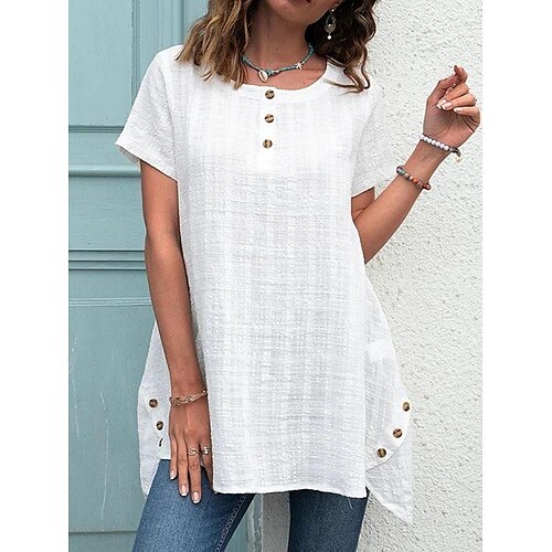 Mulheres Camisa Social Blusa Branco Tecido Botão Manga Curta Casual Básico Decote Redondo Longo S
Mulheres Camisa Social Blusa Branco Tecido Botão Manga Curta Casual Básico Decote Redondo Longo S