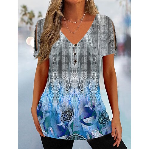 Mulheres Camiseta Amarelo Azul Roxo Gráfico Botão Com Corte Manga Curta Diário Final de semana Básico Decote V Padrão Pintura S
Mulheres Camiseta Amarelo Azul Roxo Gráfico Botão Com Corte Manga Curta Diário Final de semana Básico Decote V Padrão Pintura S