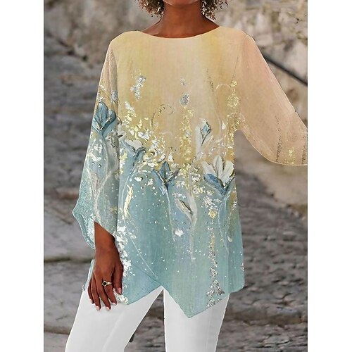 

Women's Shirt Blouse Yellow Light Green Blue Graphic Abstract Asymmetric Print Long Sleeve Casual Holiday Basic Round Neck