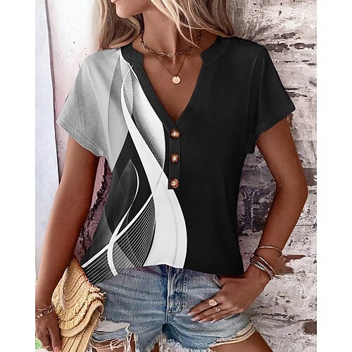 Mujer Camiseta Negro Bloque de color Botón Estampado Manga Corta Diario Fin de semana Básico Escote en Pico Regular Pintura S
Mujer Camiseta Negro Bloque de color Botón Estampado Manga Corta Diario Fin de semana Básico Escote en Pico Regular Pintura S