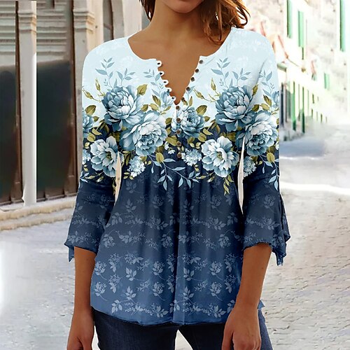 Women's Shirt Blouse Blue Purple Green Floral Button Print 3/4 Length Sleeve Casual Holiday Basic Round Neck Regular Floral S
Women's Shirt Blouse Blue Purple Green Floral Button Print 3/4 Length Sleeve Casual Holiday Basic Round Neck Regular Floral S