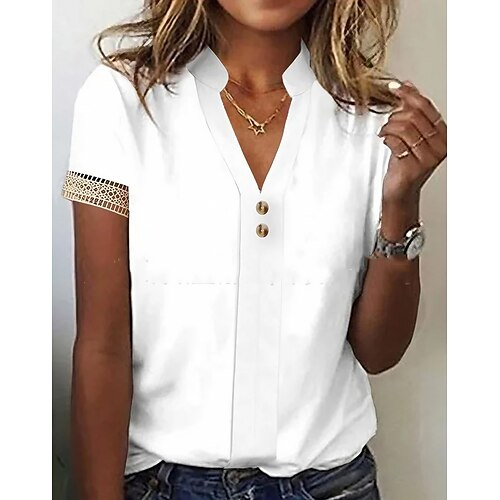 

Жен. Рубашка Блуза Полотняное плетение Повседневные кнопка Белый С короткими рукавами Элегантный стиль Мода Классический Воротник-стойка