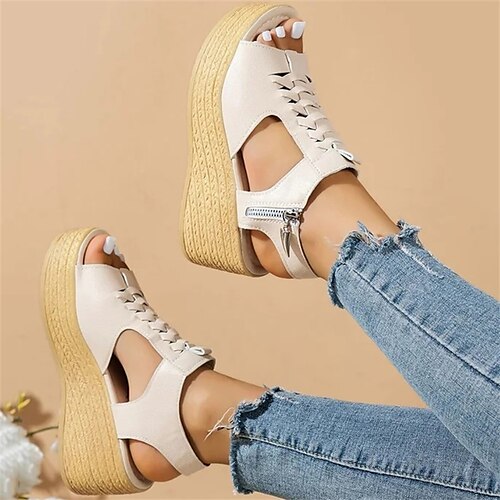 Women's Sandals Wedge Sandals Platform Sandals Plus Size Outdoor Beach Wedge Heel Elegant Casual Minimalism Faux Leather Zipper Solid Color Black Beige
Women's Sandals Wedge Sandals Platform Sandals Plus Size Outdoor Beach Wedge Heel Elegant Casual Minimalism Faux Leather Zipper Solid Color Black Beige