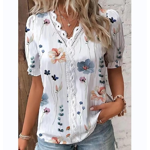 

Women's Shirt Blouse Floral Contrast Lace Patchwork White Short Sleeve Stylish Boho V Neck Summer