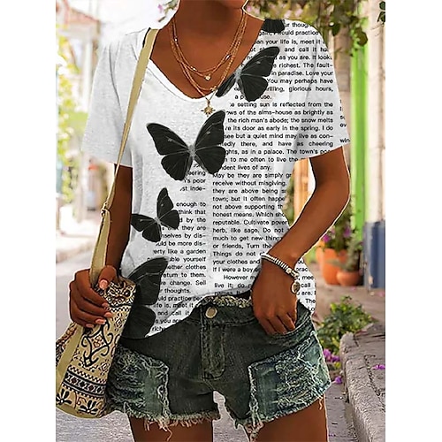 

Women's T shirt Tee White Blue Color Block Butterfly Print Short Sleeve Daily Weekend Basic V Neck Regular Painting S