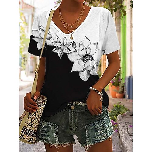 Women's T shirt Tee Black White Beige Floral Heart Print Short Sleeve Holiday Weekend Basic V Neck Regular Floral Painting S
Women's T shirt Tee Black White Beige Floral Heart Print Short Sleeve Holiday Weekend Basic V Neck Regular Floral Painting S