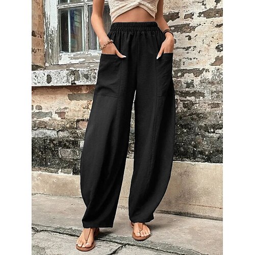 

Women's Linen Pants Tapered pants Side Pockets Baggy Full Length Black