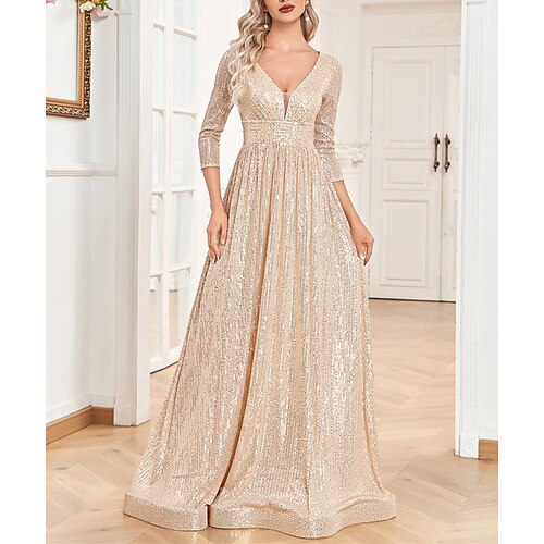 

A-Line Party Dresses Sparkle Shine Dress Formal Sweep / Brush Train 3/4 Length Sleeve V Neck Sequined with Sequin 2023