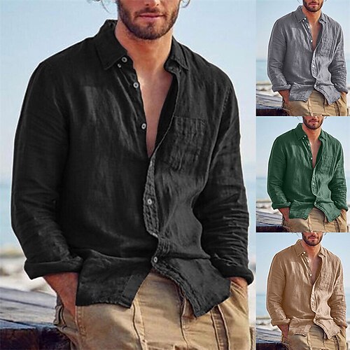 

Men's Shirt Linen Shirt Summer Shirt Beach Shirt Black Brown Green Long Sleeve Solid Color Turndown Spring & Fall Outdoor Street Clothing Apparel Button-Down