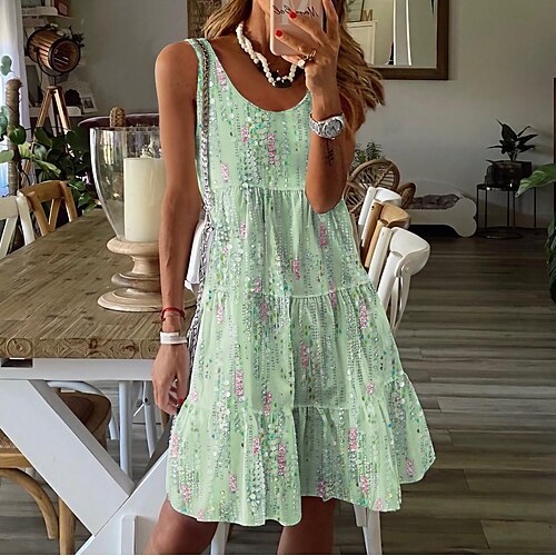 

Women's Sundress Tank Dress Graphic Ruched Print Crew Neck Midi Dress Active Tropical Outdoor Vacation Sleeveless Summer Spring