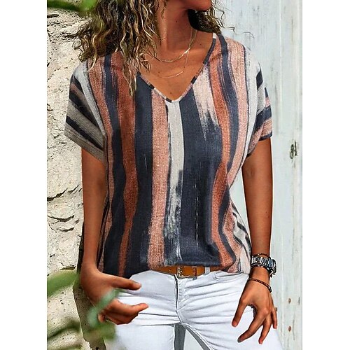Women's T shirt Tee Black Yellow Red Striped Print Short Sleeve Daily Weekend Basic V Neck Regular Painting S
Women's T shirt Tee Black Yellow Red Striped Print Short Sleeve Daily Weekend Basic V Neck Regular Painting S