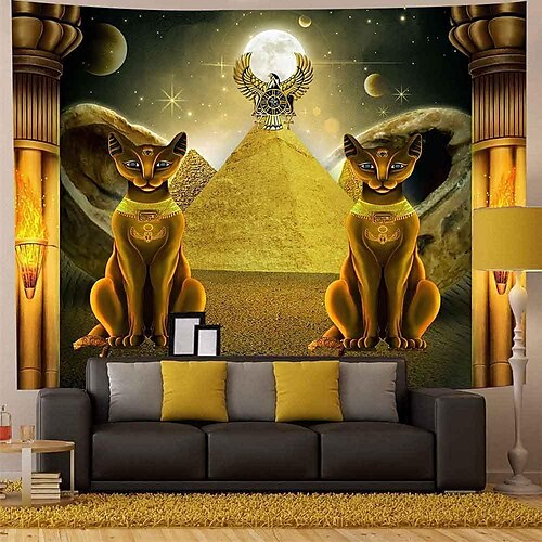 

Egyptian Tapestry Hanging Tapestry Wall Art Large Tapestry Mural Decor Photograph Backdrop Blanket Curtain Home Bedroom Living Room Decoration Ancient Pyramid Mythical Beasts Guardian Cat Pharaoh Temple Moon Starry Sky