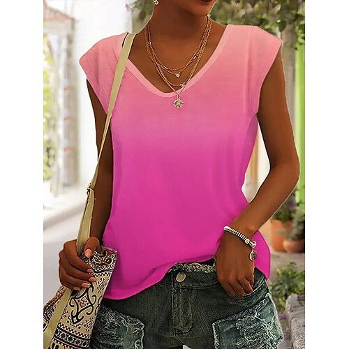 

Women's Tank Top Pink Red Blue Color Gradient Print Sleeveless Casual Basic Neon & Bright V Neck Regular Fit