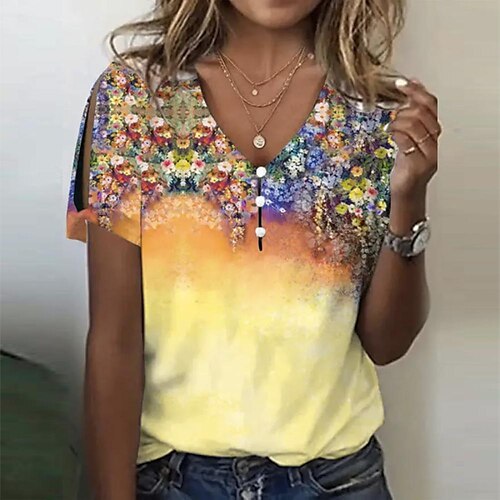 Mulheres Camiseta Blusa Branco Amarelo Rosa Floral Botão Com Corte Manga Curta Casual Feriado Básico Decote V Padrão Tema Flores S
Mulheres Camiseta Blusa Branco Amarelo Rosa Floral Botão Com Corte Manga Curta Casual Feriado Básico Decote V Padrão Tema Flores S