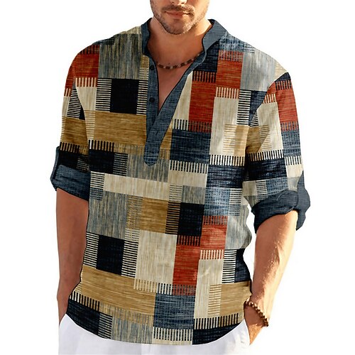 

Men's Shirt Linen Shirt Striped Plaid / Check Graphic Prints Geometry Stand Collar Yellow Light Green Wine Blue Green Outdoor Street Long Sleeve Print Clothing Apparel Linen Fashion Streetwear