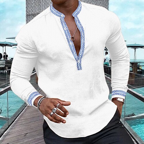 

Men's Shirt Linen Shirt Popover Shirt Summer Shirt Beach Shirt White Pink Navy Blue Long Sleeve Color Block Henley Spring & Summer Casual Daily Clothing Apparel
