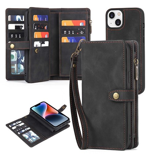 

Handy Hülle Handyhüllen Für Apple Brieftasche Kartenetui iPhone 13 Pro Max 12 11 SE 2022 X XR XS Max 8 7 Abnehmbar Reisverschluss mit Handschlaufe Einfarbig TPU PU-Leder