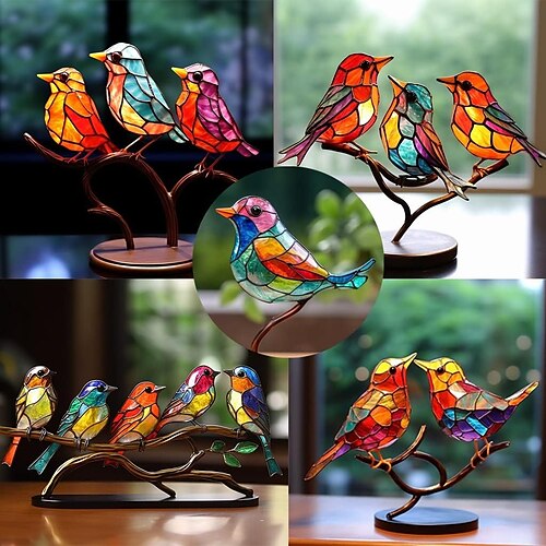 

Stained Birds On Branch Desktop Ornaments,Metal Flat Vivid Birds Decorations On Branch,Double Sided Multicolor Hummingbird Craft Statue Table Gift for Bird Lovers