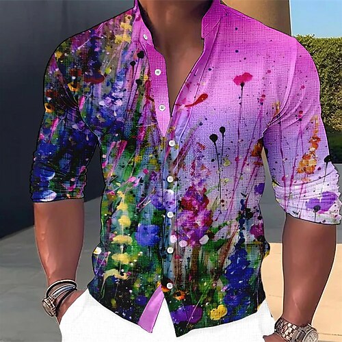 

Mens Graphic Shirt FloralStand Collar Yellow Blue Purple Green Gray Outdoor Street Long Sleeve Clothing Apparel Painting Colorful Casual Cotton