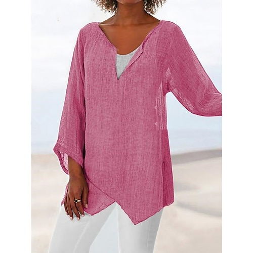 

Women's Shirt Blouse White Pink Blue Plain Asymmetric Long Sleeve Casual Basic V Neck Linen
