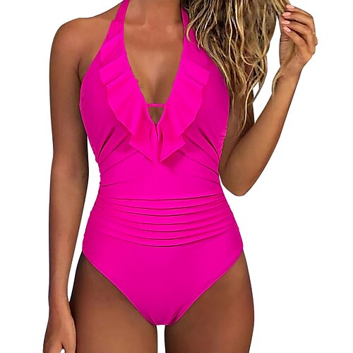 

Sexy Deep V-Neck Swimwear for Women Backless Halter Neck One Piece Swimsuit Ruffle Plunge Padded Bathing Suits Cute Beach Wear Solid Colors