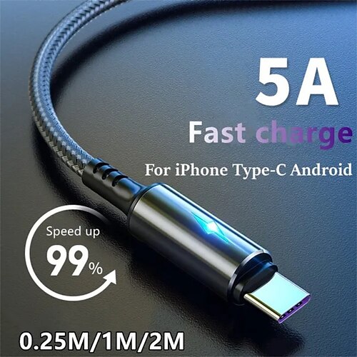 

Type of USB Cable 5A Type C Cable Fast Charging Cable Fast Charging USB Sync Data Mobile Phone Charger Cable Suitable for IPhone Android Samsung Xiaomi Huawei Charger Cable (0.25M/1.2M/2M)