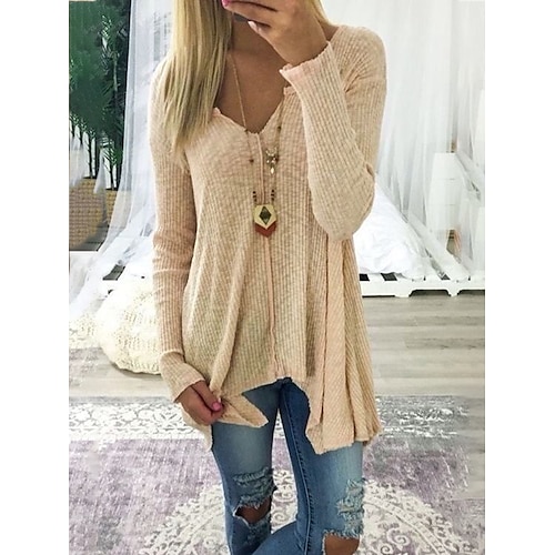 

Women's Pullover Sweater Knitted Solid Color Basic Casual Long Sleeve Sweater Cardigans V Neck Fall Winter Spring Blue Blushing Pink Gray