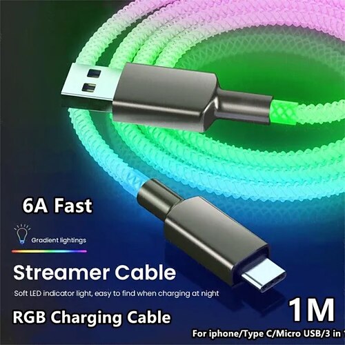 Schnelllade-RGB-Kabel, 100 W, Atemlicht, 66 W, Typ C, USB-C-Datenkabel für iPhone, Samsung, Android, Micro, 30 W, Schnellladekabel
Schnelllade-RGB-Kabel, 100 W, Atemlicht, 66 W, Typ C, USB-C-Datenkabel für iPhone, Samsung, Android, Micro, 30 W, Schnellladekabel