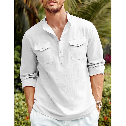 

Homens Camisa Social camisa de linho Camisa casual camisa de praia Preto Branco Azul Manga Longa Tecido Colarinho Chinês Primavera Verão Havaiana Feriado Roupa Básico