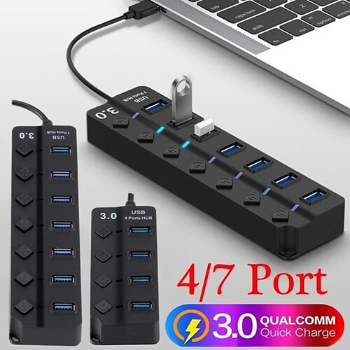 

Удлинительный кабель USB, несколько портов, 4-портовый/7-портовый, разветвитель концентратора USB 2.0/3.0 со светодиодным индикатором питания и переключателем (кабель 30 см)