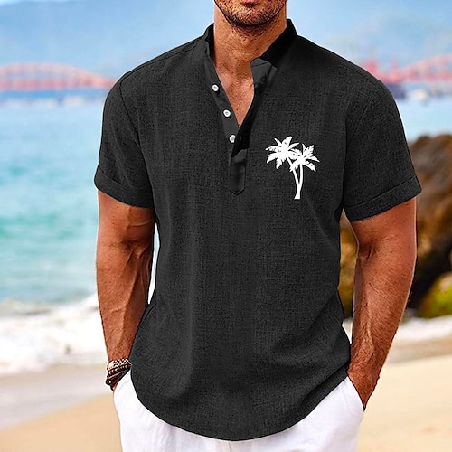 

Men's Linen Shirt Coconut Tree Graphic Prints Stand Collar Black Green Khaki Gray Outdoor Street Short Sleeve Print Clothing Apparel Fashion Streetwear Designer Casual Recyclable Shirt