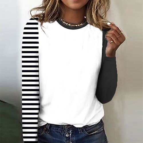 Women's T shirt Tee White Color Block Striped Print Long Sleeve Daily Weekend Basic Round Neck Regular Painting S
Women's T shirt Tee White Color Block Striped Print Long Sleeve Daily Weekend Basic Round Neck Regular Painting S