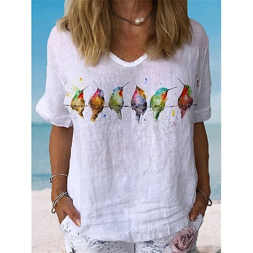 Women's T shirt Tee White Blue Animal Bird Print Short Sleeve Daily Weekend Basic V Neck Regular Painting S
Women's T shirt Tee White Blue Animal Bird Print Short Sleeve Daily Weekend Basic V Neck Regular Painting S