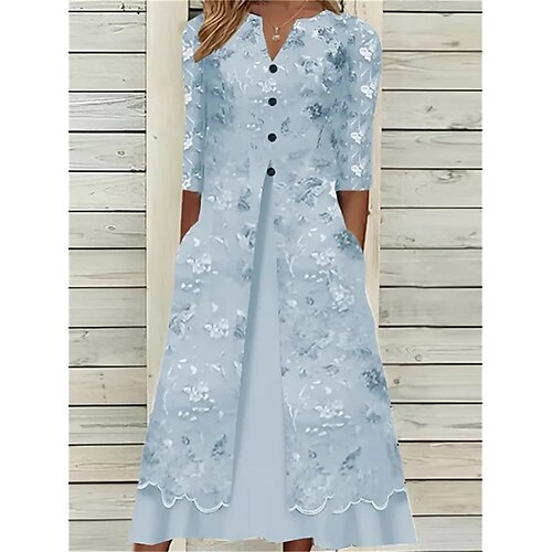 

Women's Print Split Neck Midi Dress Elegant Daily Date 3/4 Length Sleeve Summer Spring
