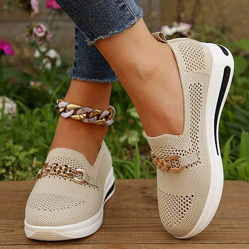 

Women's Sneakers Slip-Ons Comfort Shoes Plus Size Height Increasing Shoes Daily Walking Summer Winter Rhinestone Buckle Wedge Heel Round Toe Casual Comfort Minimalism Tissage Volant Loafer Solid Color
