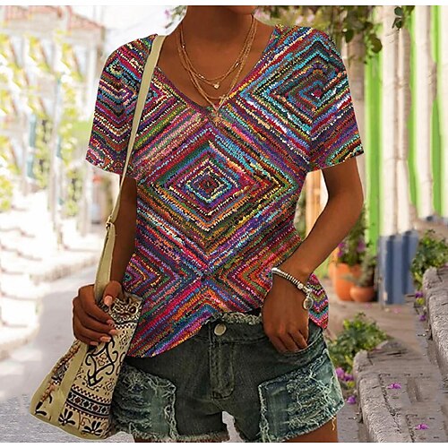 Mujer Camiseta Rojo Morado Verde Trébol Geométrico Estampado Manga Corta Diario Fin de semana Básico Escote en Pico Regular Geométrico adj. Pintura S
Mujer Camiseta Rojo Morado Verde Trébol Geométrico Estampado Manga Corta Diario Fin de semana Básico Escote en Pico Regular Geométrico adj. Pintura S