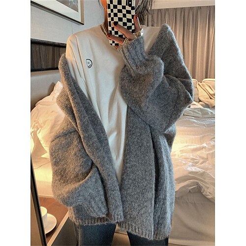 

Women's Cardigan Sweater Open Front Ribbed Knit Polyester Oversized Fall Winter Outdoor Daily Going out Vintage Style Casual Soft Long Sleeve Solid Color Camel Dark Gray One-Size